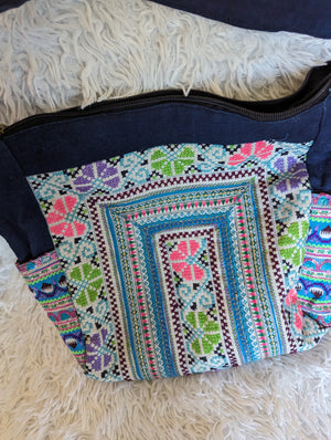 Boho-style Hmong Crossbody Bag - blue pink floral